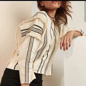 Anthropologie Moon River Boho cream and black Fringe Crop blouse size meduim